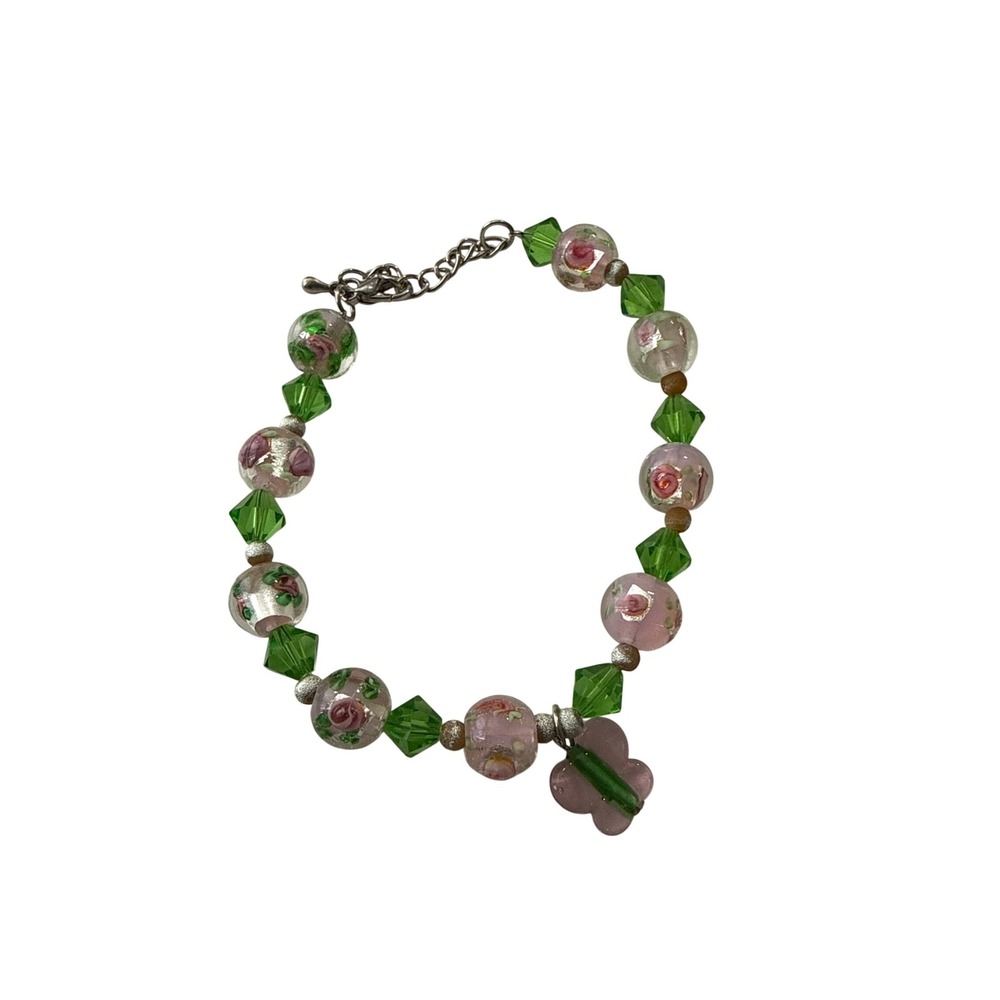 Pink Floral Lampwork Glass Bead Bracelet Green Crystal Butterfly Charm Whimsical